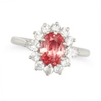 A PADPARADSCHA SAPPHIRE AND DIAMOND CLUSTER RING in platinum, set with an oval cut padparadscha s...