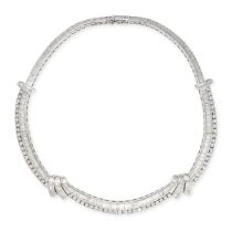 A DIAMOND NECKLACE in 18ct white gold, the necklace comprising two rows of baguette and round bri...