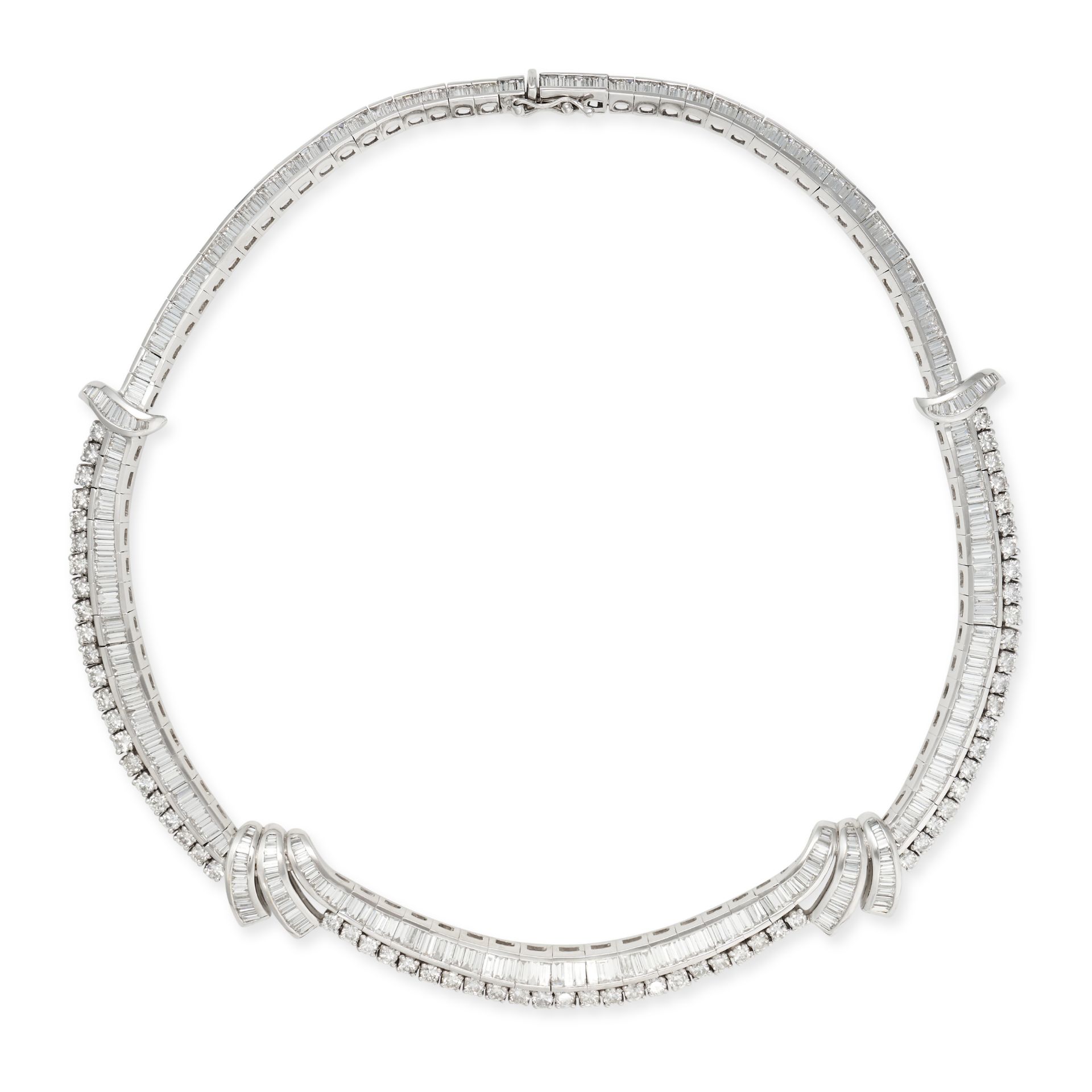 A DIAMOND NECKLACE in 18ct white gold, the necklace comprising two rows of baguette and round bri...