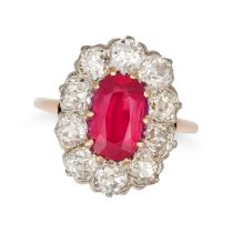 A VERY FINE BURMA NO HEAT RUBY AND DIAMOND CLUSTER RING in yellow gold, set with a cushion cut ru...