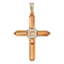 A FINE IMPERIAL TOPAZ AND DIAMOND CROSS PENDANT in 18ct yellow and white gold, set with a central...