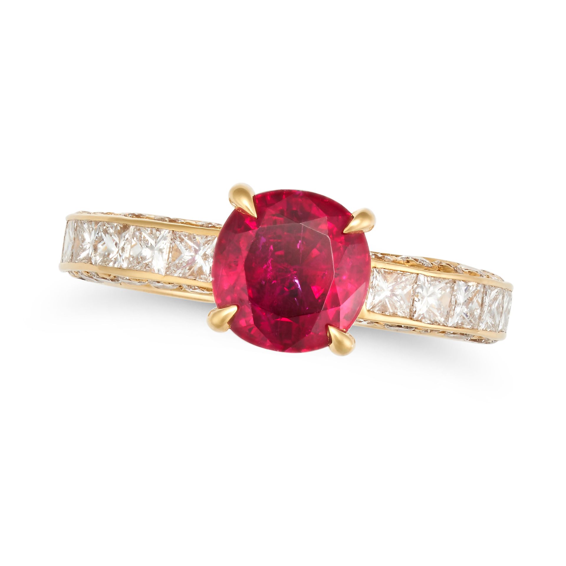 A RUBY AND DIAMOND RING in 18ct yellow gold, set with an oval cut ruby of approximately 1.58 cara...