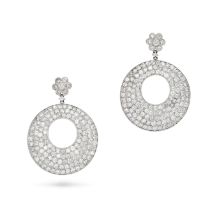 A PAIR OF DIAMOND DROP EARRINGS in 18ct white gold, each comprising a daisy cluster stud set with...