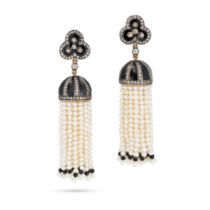 A PAIR OF PEARL, ONYX AND DIAMOND TASSEL EARRINGS in yellow gold and silver, each designed as a t...