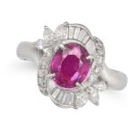 A RUBY AND DIAMOND CLUSTER RING in platinum, set with an oval cut ruby of 1.61 carats in a stylis...
