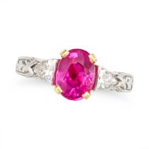 A BURMA NO HEAT RUBY AND DIAMOND THREE STONE RING in platinum and 18ct yellow gold, set with an o...