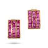 A PAIR OF RUBY EARRINGS in yellow gold, each set with three rows of invisibly set square step cut...