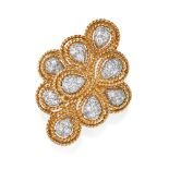 A DIAMOND DRESS RING in 18ct yellow gold, the stylised face set with clusters of round brilliant ...