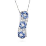A SAPPHIRE AND DIAMOND PENDANT NECKLACE in 18ct white gold, the pendant set with clusters of roun...