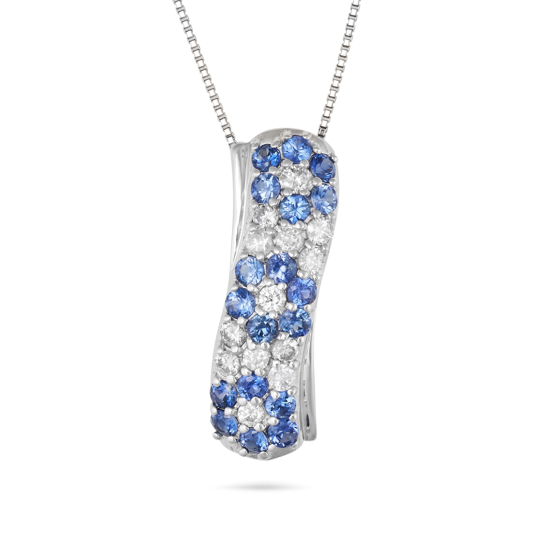 A SAPPHIRE AND DIAMOND PENDANT NECKLACE in 18ct white gold, the pendant set with clusters of roun...
