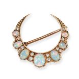 AN ANTIQUE OPAL AND DIAMOND CRESCENT MOON BROOCH in yellow gold, designed as a crescent moon set ...