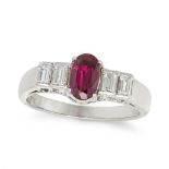 AN UNHEATED RUBY AND DIAMOND RING in 14ct white gold, set with an oval cut ruby of 0.95 carats be...