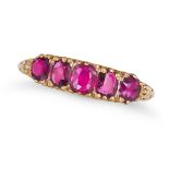 AN ANTIQUE RUBY FIVE STONE RING in 18ct yellow gold, set with five cushion cut rubies, stamped 18...