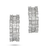 A PAIR OF DIAMOND HALF HOOP EARRINGS in 18ct white gold, each set with a row of baguette cut diam...