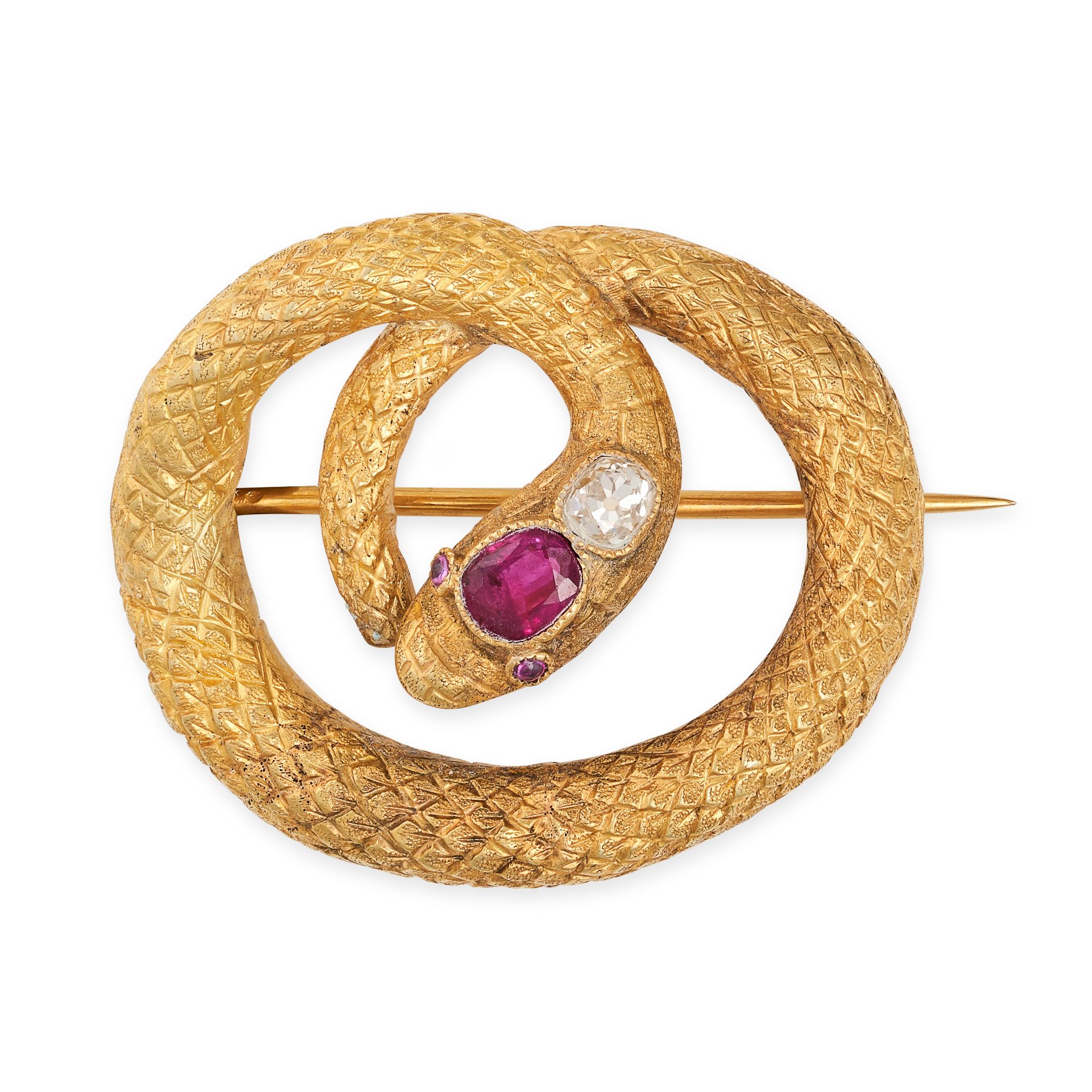 A FINE ANTIQUE RUBY AND DIAMOND SNAKE BROOCH in yellow gold, designed as a coiled engraved snake,...