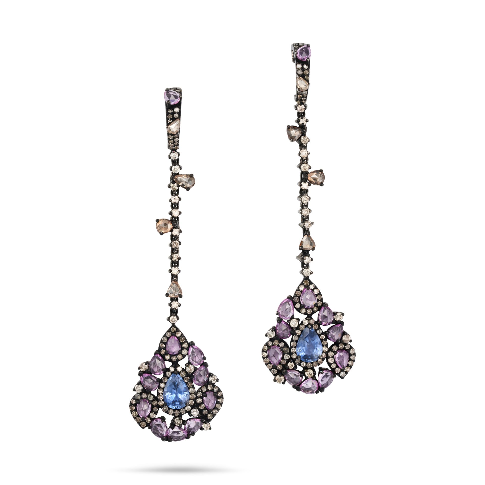 A PAIR OF SAPPHIRE AND DIAMOND DROP EARRINGS in blackened gold, each comprising a row of rose and...