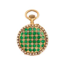 AN ANTIQUE SWISS PEARL, DIAMOND AND ENAMEL FOB WATCH in 18ct yellow gold, the white enamel dial w...