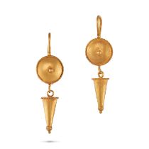 A PAIR OF ROMAN REVIVAL DROP EARRINGS in high carat yellow gold, each comprising a shield motif s...