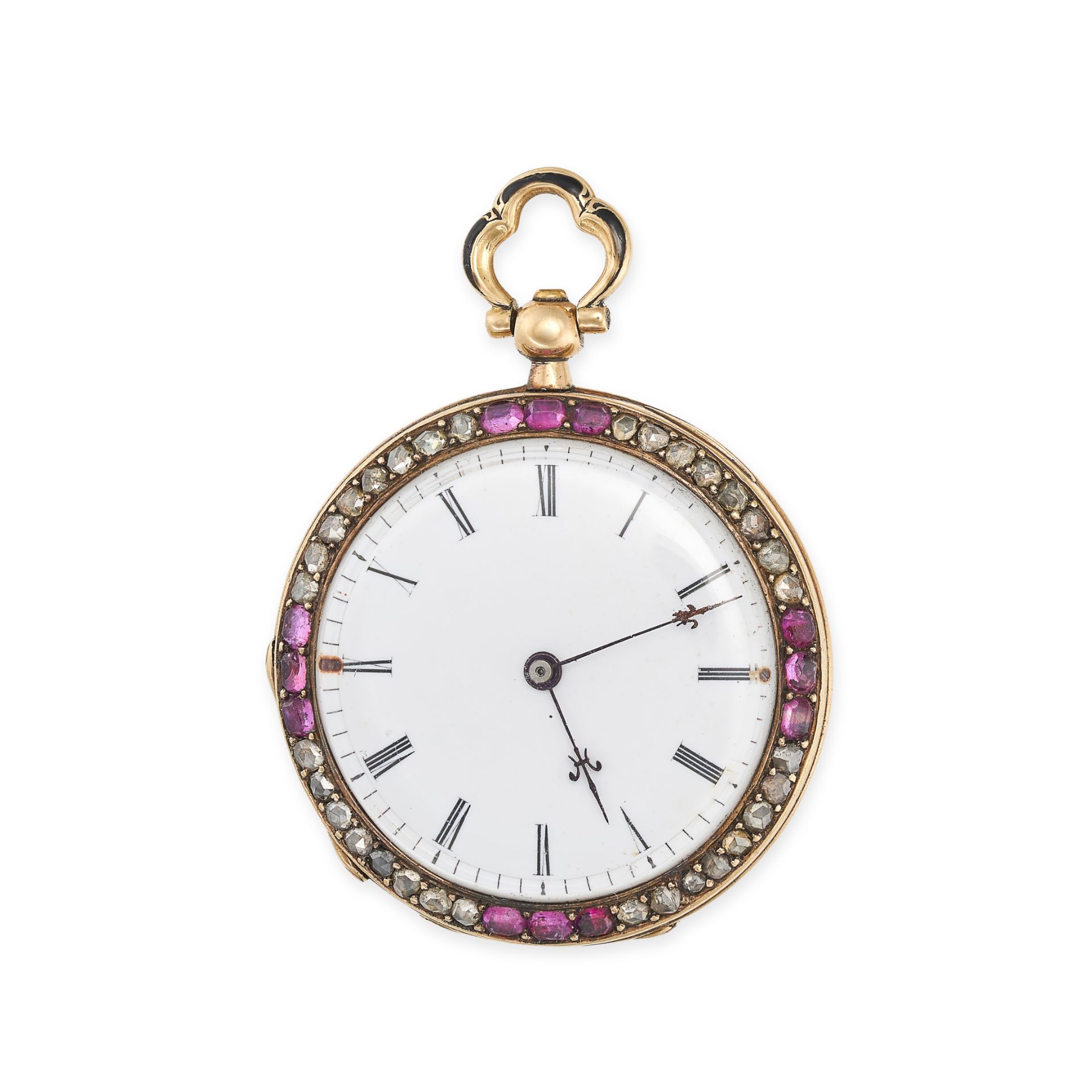 AN ANTIQUE RUBY, DIAMOND AND ENAMEL POCKET WATCH in yellow gold, the circular dial within a rose ...