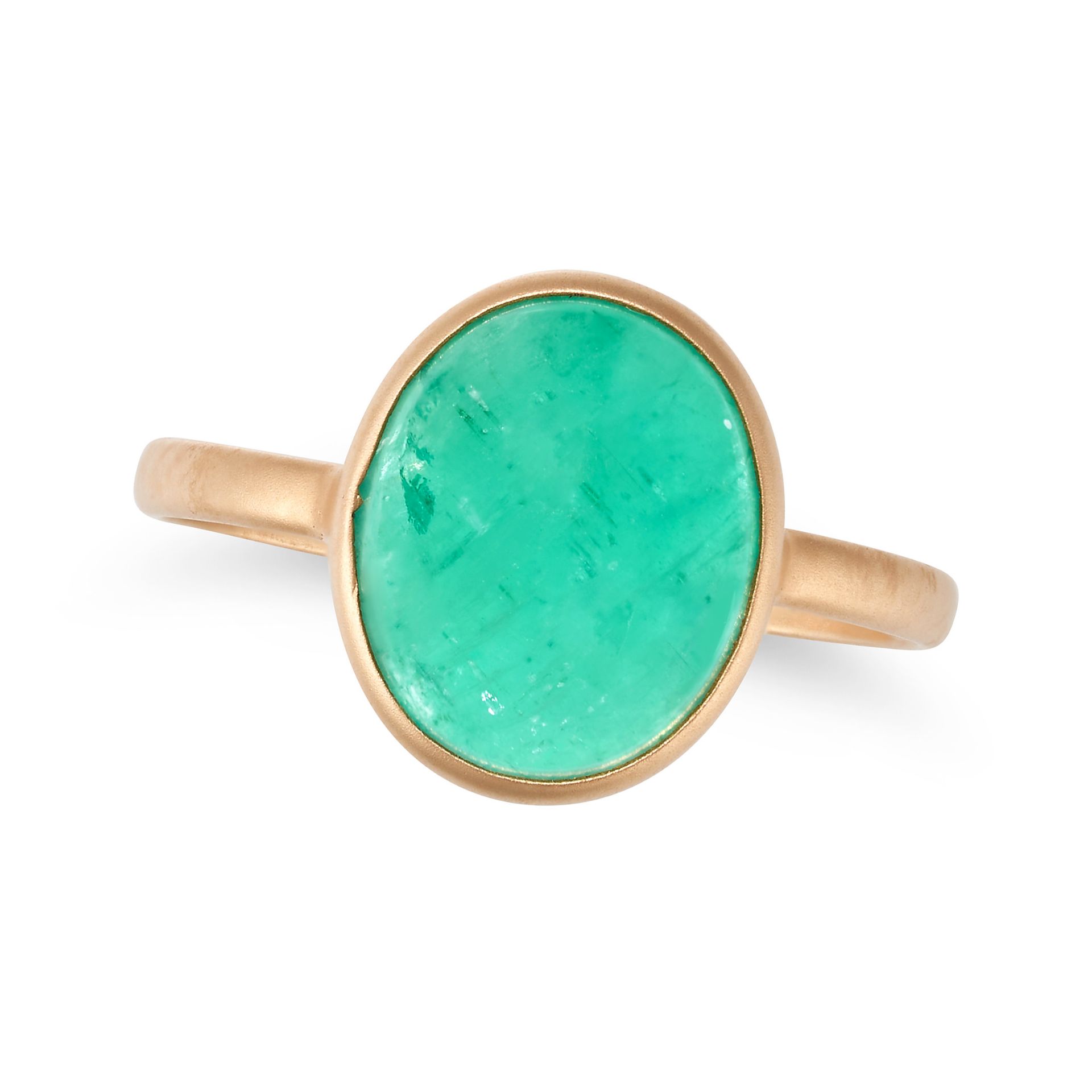 AN EMERALD RING in 18ct yellow gold, set with a cabochon emerald on a satin finish band, stamped ...