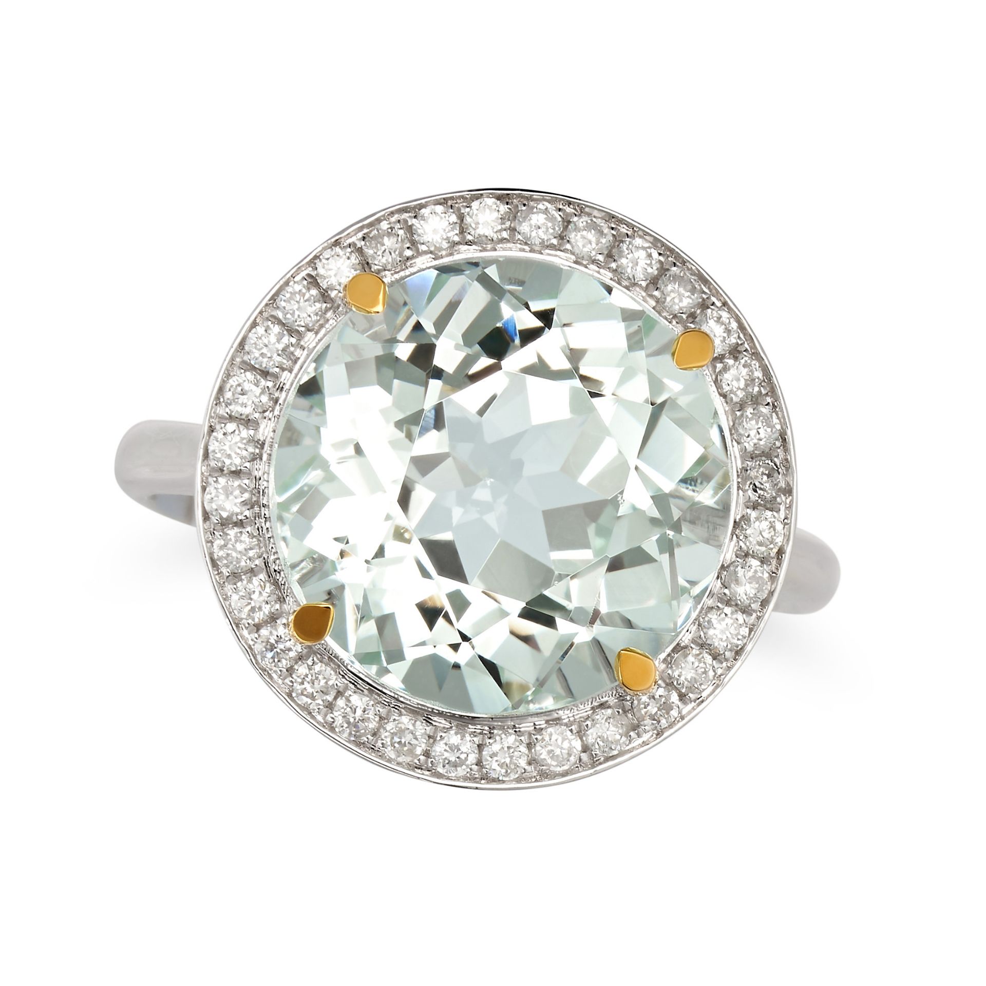 AN AQUAMARINE AND DIAMOND RING in 18ct white gold, set with a round cut aquamarine of 6.71 carats...