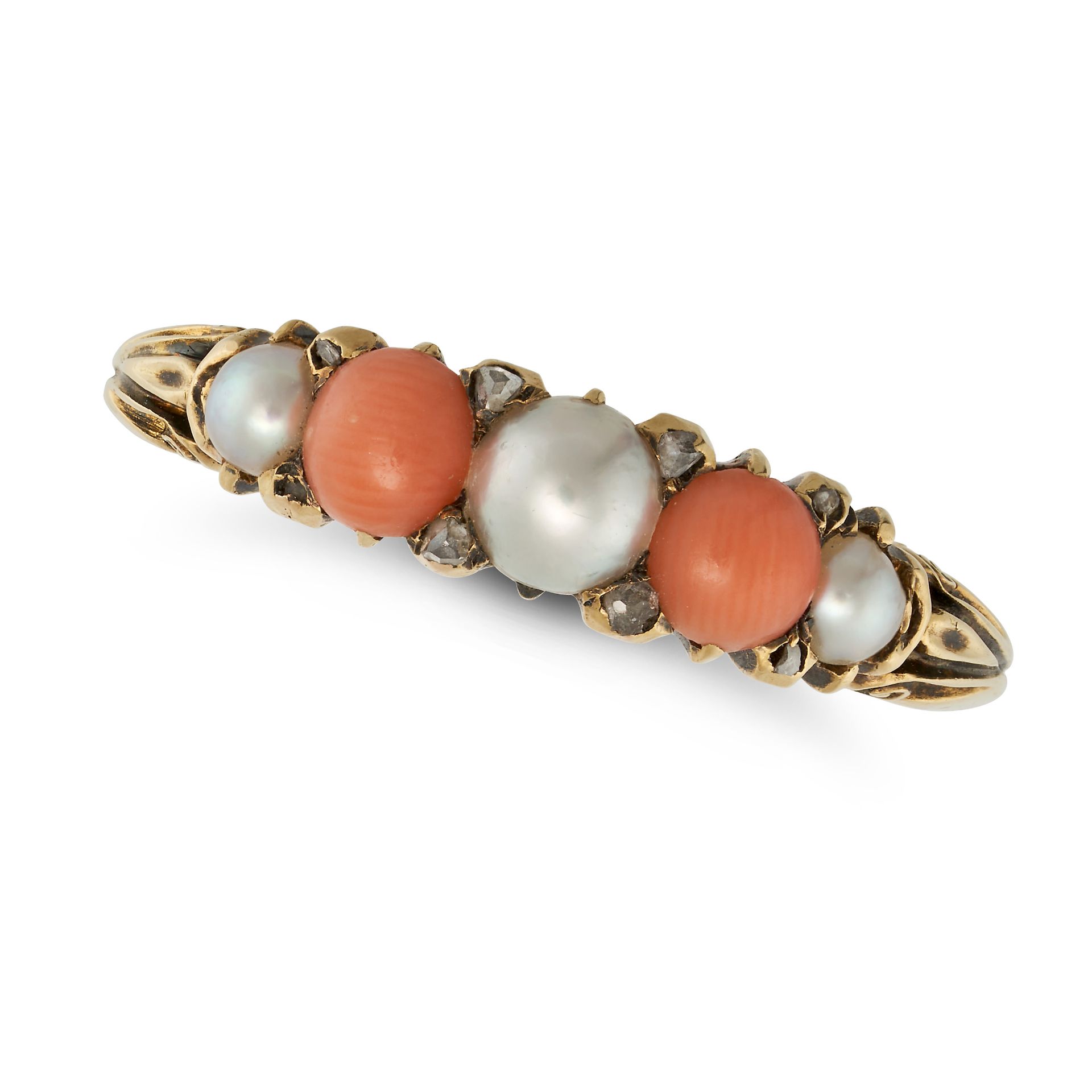 AN ANTIQUE CORAL, PEARL AND DIAMOND RING in yellow gold, set with three half pearls and two caboc...