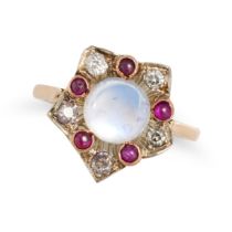 A MOONSTONE, RUBY AND DIAMOND RING in yellow gold, set with a round cabochon moonstone in a borde...