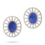 A PAIR OF TANZANITE AND DIAMOND EARRINGS in 18ct white gold, each set with an oval cabochon tanza...