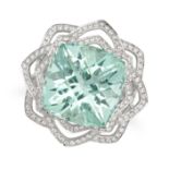 AN AQUAMARINE AND DIAMOND DRESS RING in 18ct white gold, set with a cushion cut aquamarine of 14....