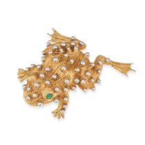 AN EMERALD TOAD BROOCH in 18ct yellow gold, designed as a toad covered with white gold beads, the...