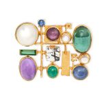 A MODERNIST GEMSET BROOCH in 18ct yellow gold, the rectangular openwork brooch set with cabochon ...