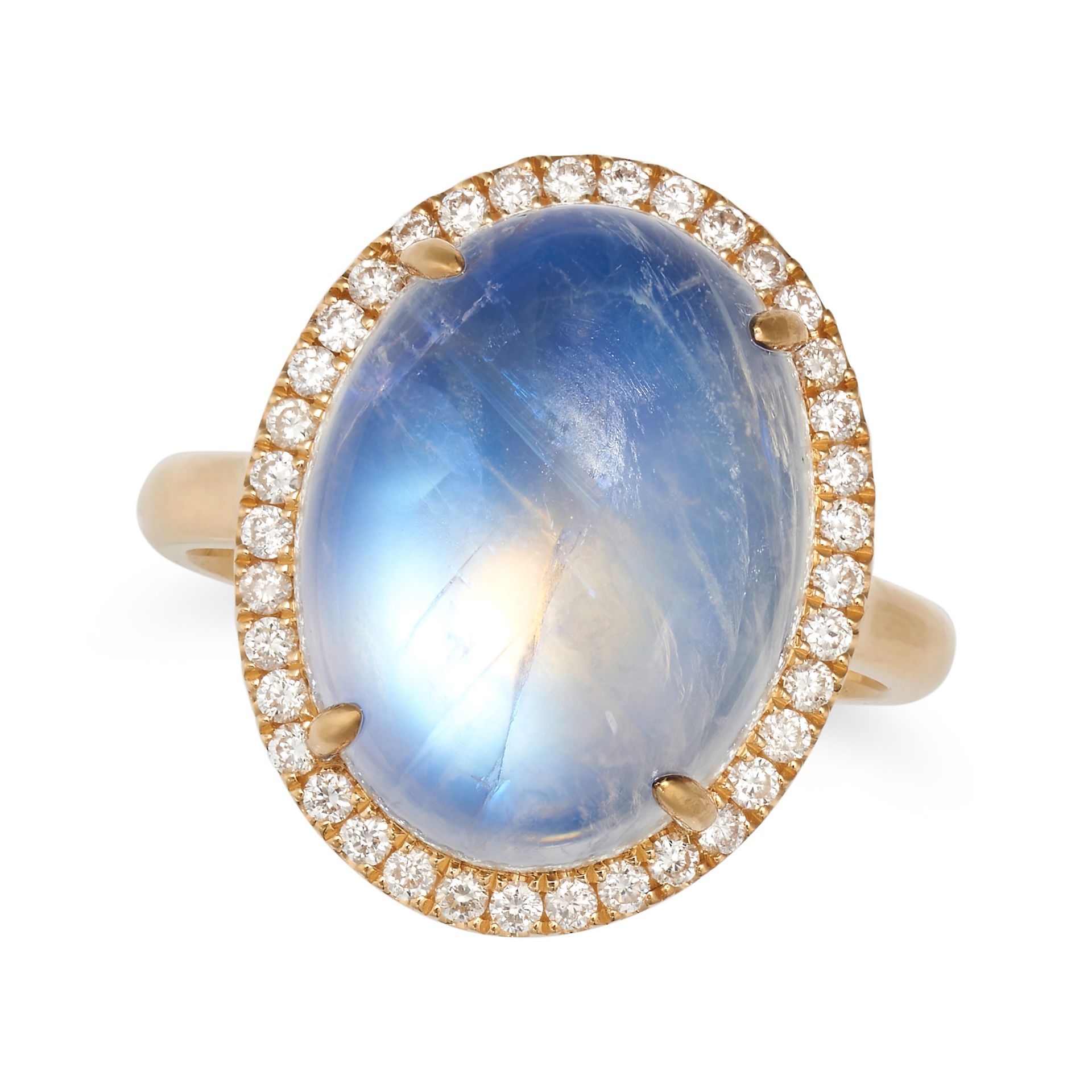 A RAINBOW MOONSTONE AND DIAMOND CLUSTER RING in 18ct yellow gold, set with an oval cabochon rainb...