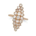 A DIAMOND NAVETTE RING in yellow gold, the navette face set throughout with round cut diamonds al...