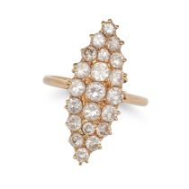 A DIAMOND NAVETTE RING in yellow gold, the navette face set throughout with round cut diamonds al...