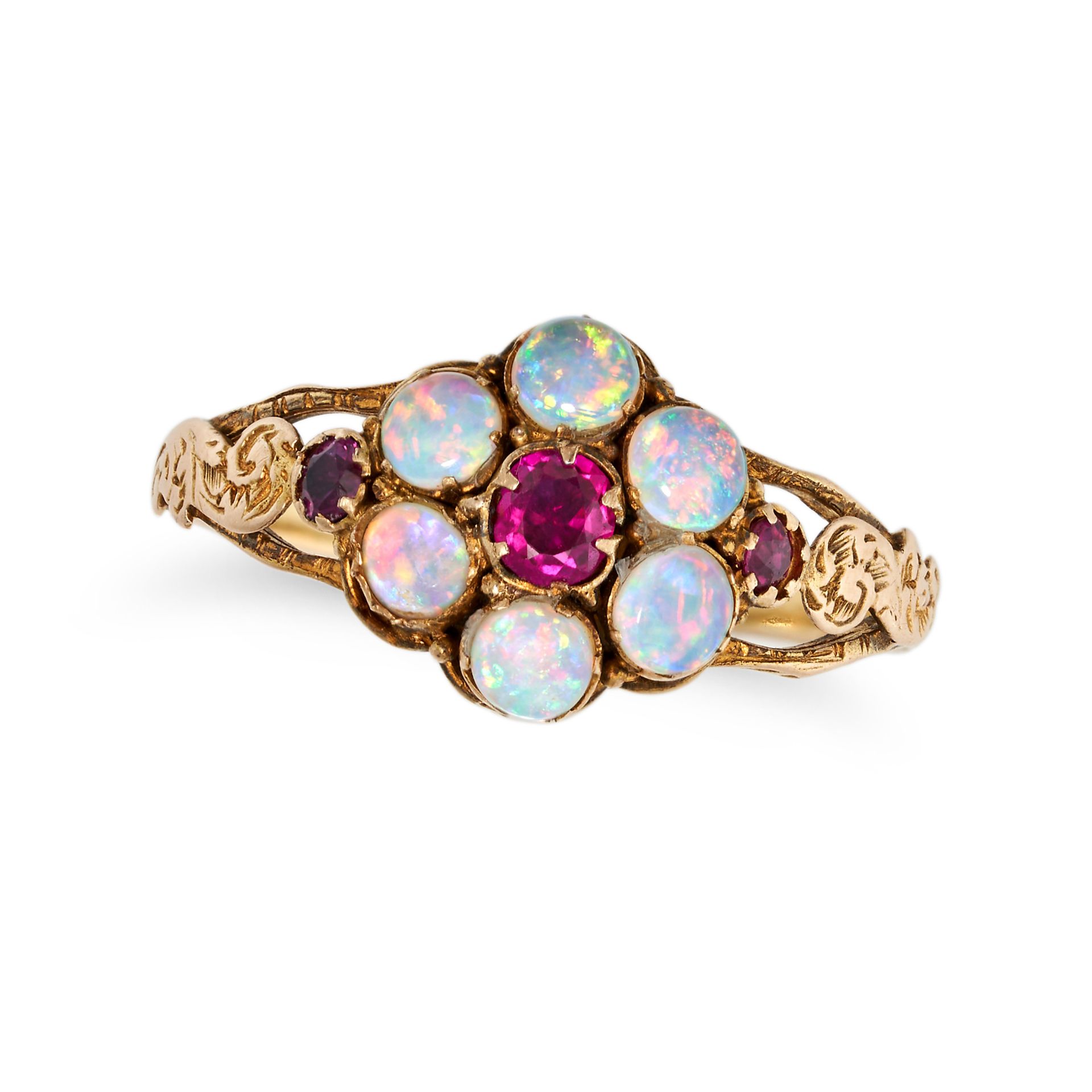 AN ANTIQUE OPAL AND RUBY CLUSTER RING in yellow gold, set with a cushion cut ruby in a cluster of...