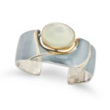 A MOONSTONE BANGLE in silver, the open cuff bangle set with an oval cabochon moonstone, ED maker'...