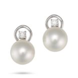 A PAIR OF DIAMOND AND PEARL EARRINGS in 18ct white gold, each set with a round brilliant cut diam...