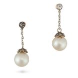 NO RESERVE - A PAIR OF DIAMOND AND PEARL DROP EARRINGS in yellow gold and silver, each set with a...