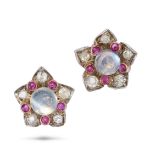 A PAIR OF MOONSTONE, RUBY AND DIAMOND FLOWER EARRINGS in white gold, each set to the centre with ...