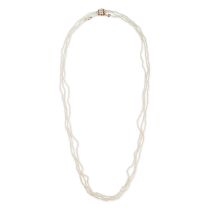 A PEARL NECKLACE in yellow gold, comprising three rows of pearls, the clasp set with a cluster of...