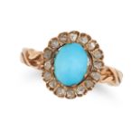 NO RESERVE - A TURQUOISE AND DIAMOND CLUSTER RING in yellow gold, set with a cabochon turquoise i...