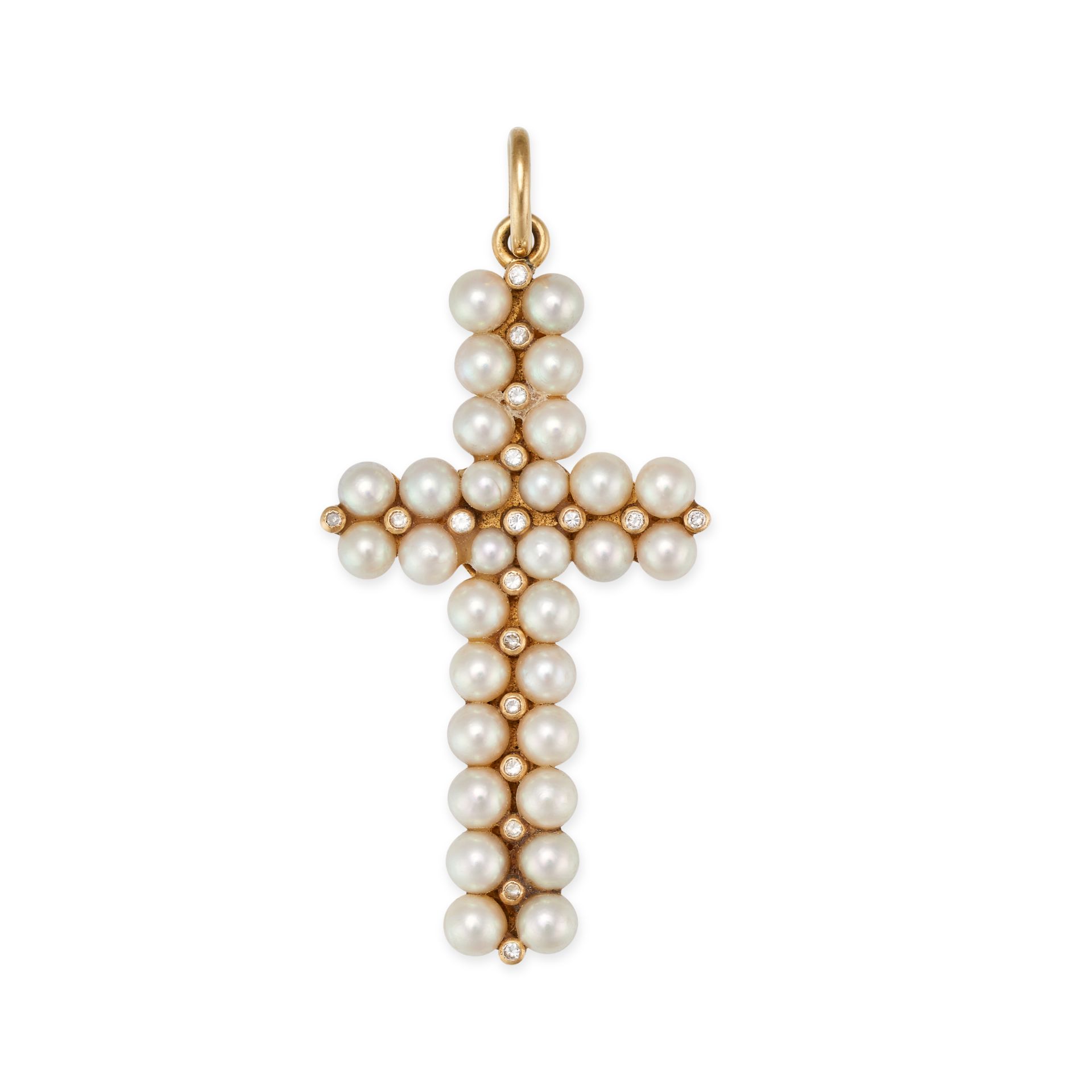 NO RESERVE - A PEARL AND DIAMOND CROSS PENDANT in yellow gold, designed as a cross set with pearl...