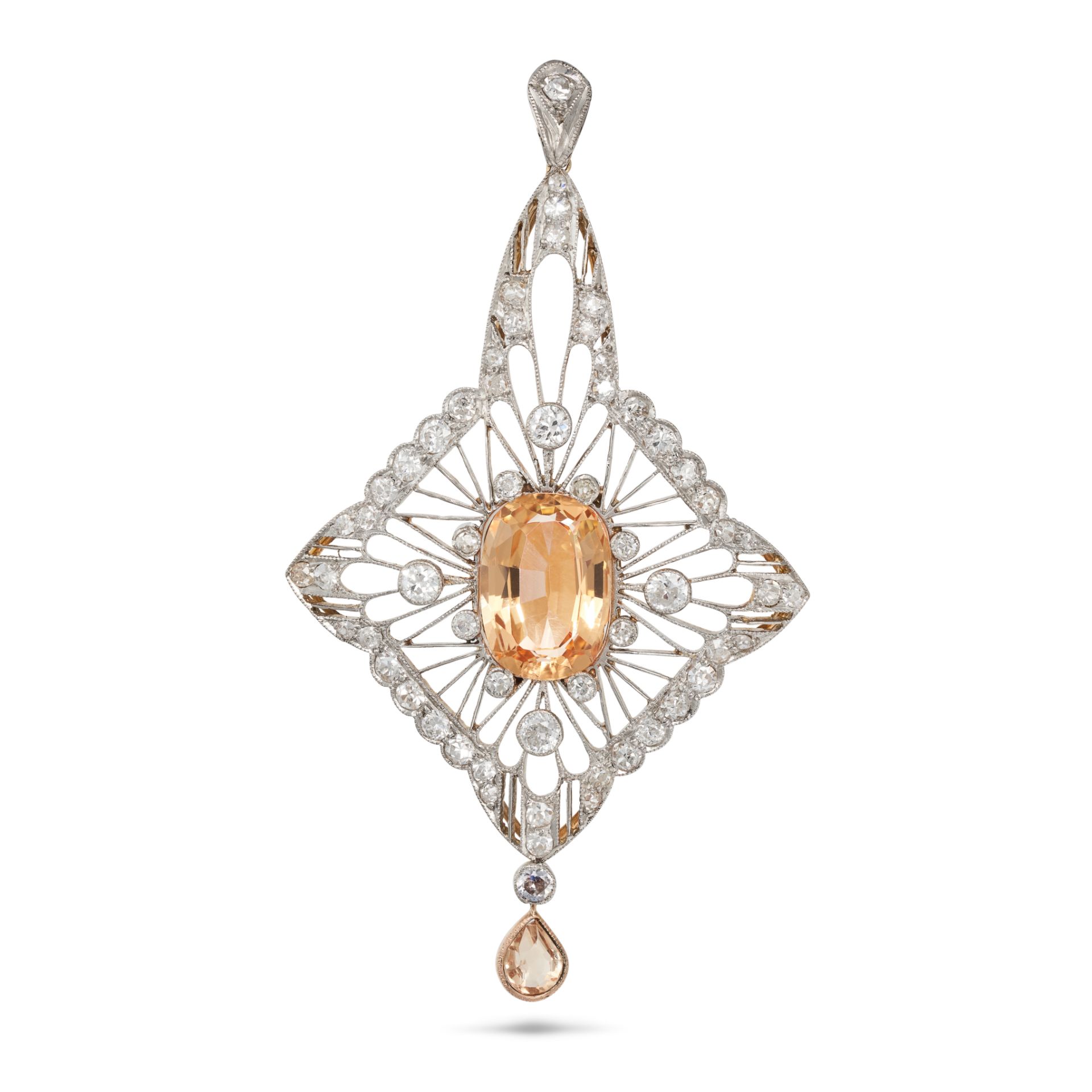 A TOPAZ AND DIAMOND PENDANT in yellow and white gold, the openwork pendant set to the centre with...