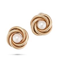 NO RESERVE - A PEARL KNOT EARRINGS in 9ct yellow gold, each designed as a knot set with a pearl, ...