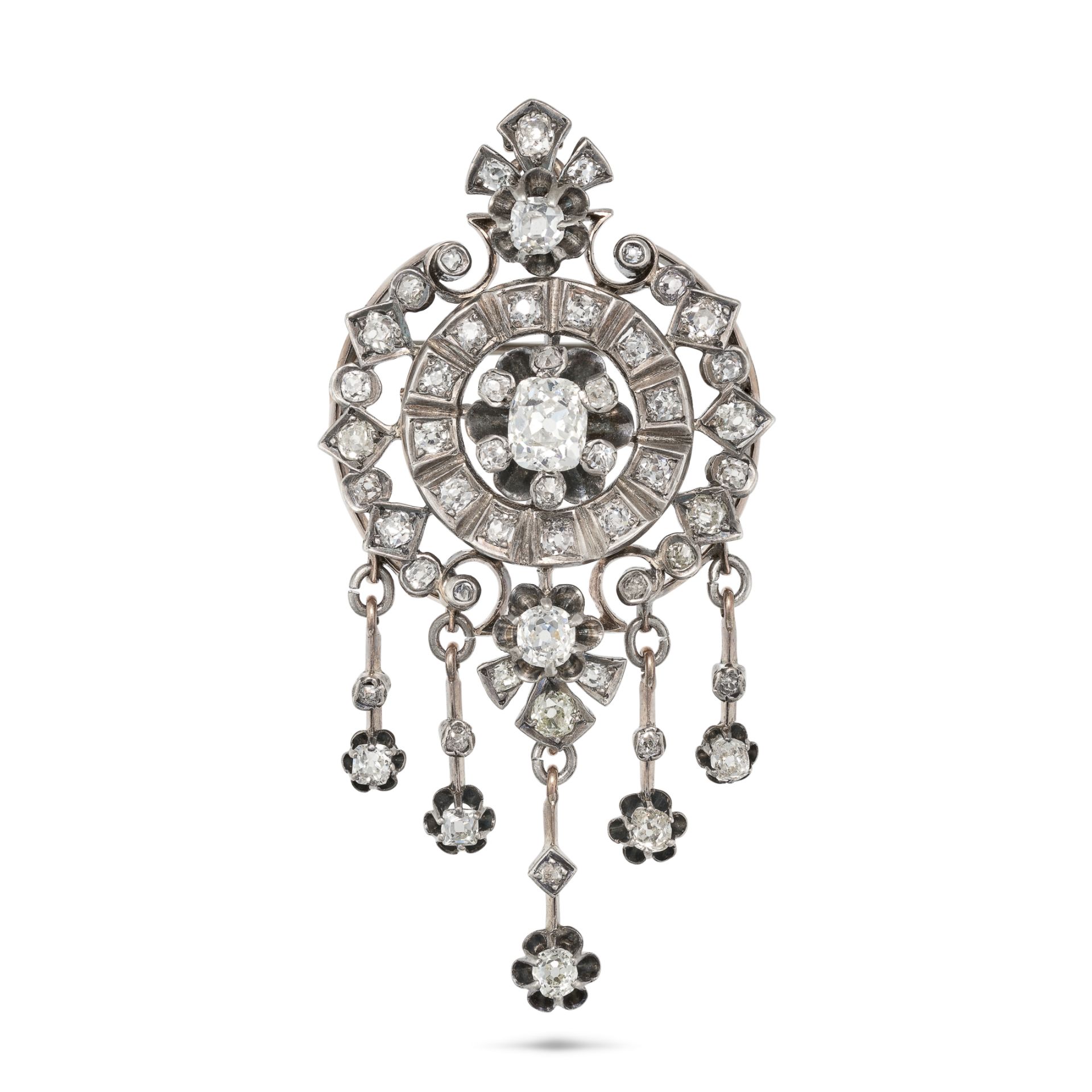 AN ANTIQUE DIAMOND BROOCH / PENDANT in yellow gold and silver, the openwork brooch set to the cen...