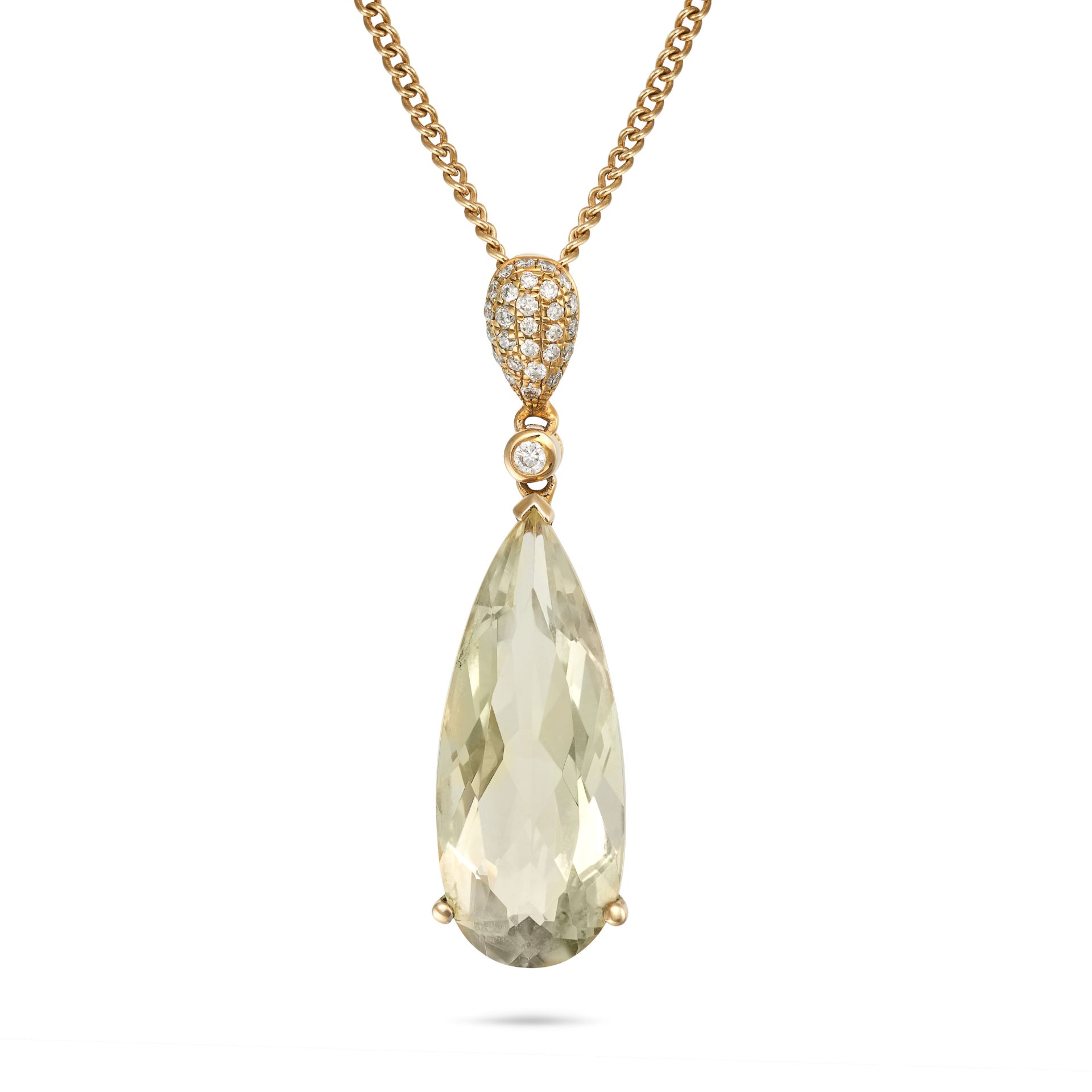 A HELIODOR AND DIAMOND PENDANT NECKLACE in 18ct yellow gold, the pendant set with a pear cut heli...