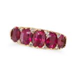 AN ANTIQUE UNHEATED RUBY FIVE STONE RING in yellow gold, set with five cushion cut rubies all tot...