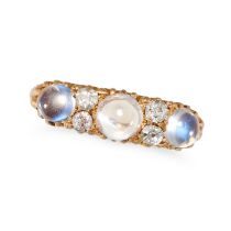 AN ANTIQUE MOONSTONE AND DIAMOND RING in yellow gold, set with three cabochon moonstones accented...