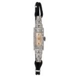 AN ANTIQUE ART DECO DIAMOND COCKTAIL WATCH in platinum and 9ct white gold, the rectangular silver...