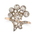 A DIAMOND DRESS RING in yellow gold, designed as a stylised bouquet of flowers set with old and r...
